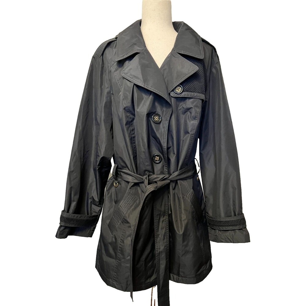 SUSAN GRAVER Women's 3X Belted Trench Coat Black Rain Button Mesh Plus Size